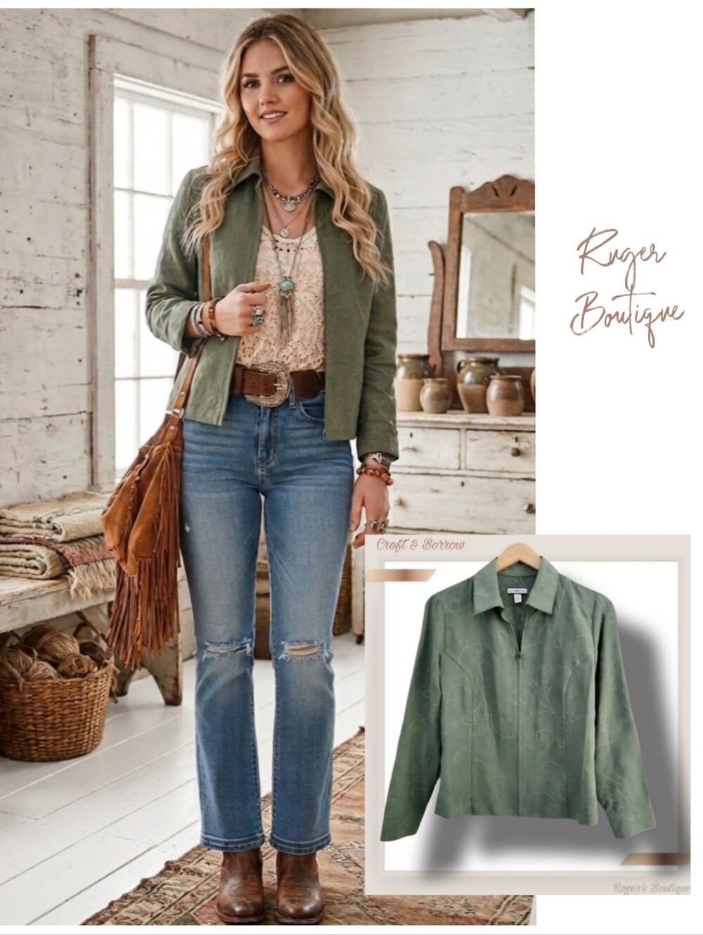 🌿Croft & Barrow Jacket Blazer Women's Petite Medium Olive Green Embroidered